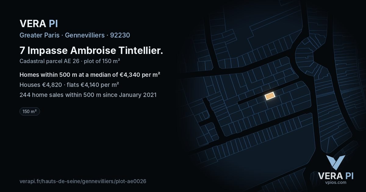 7 Impasse Ambroise Tintellier, Gennevilliers at night – the plot lit, the parcels around coloured by the prices near them