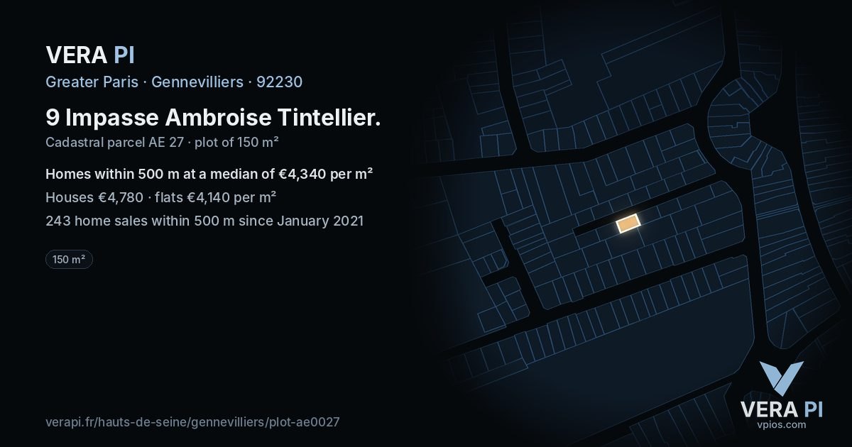 9 Impasse Ambroise Tintellier, Gennevilliers at night – the plot lit, the parcels around coloured by the prices near them