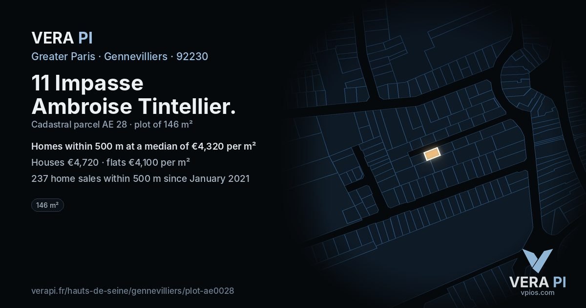 11 Impasse Ambroise Tintellier, Gennevilliers at night – the plot lit, the parcels around coloured by the prices near them