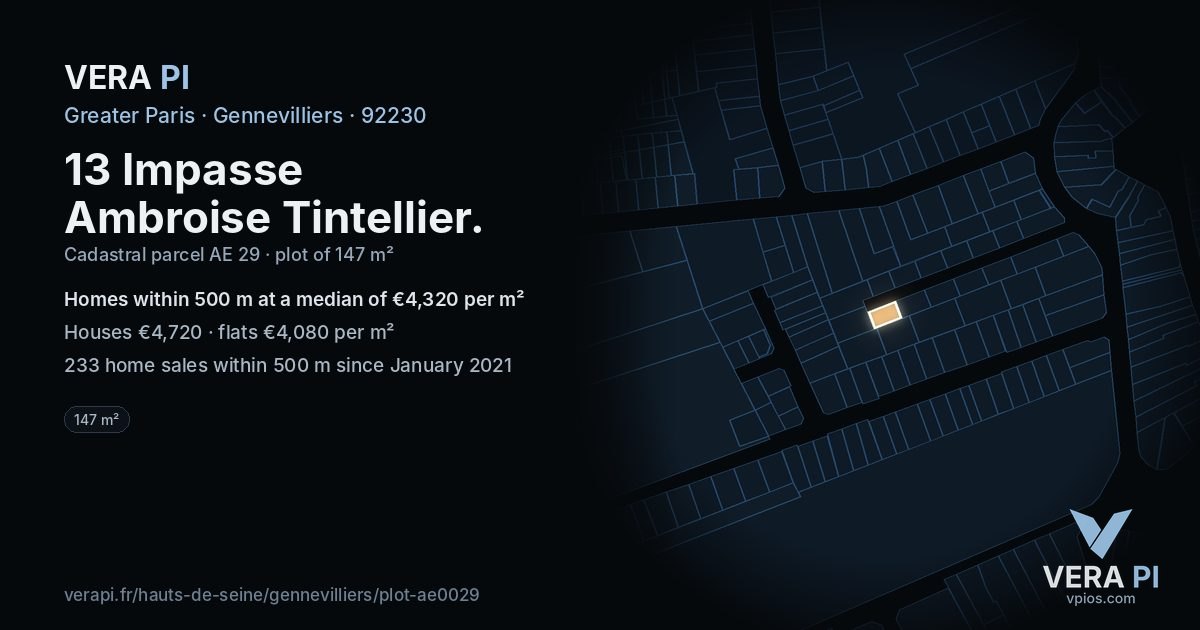 13 Impasse Ambroise Tintellier, Gennevilliers at night – the plot lit, the parcels around coloured by the prices near them