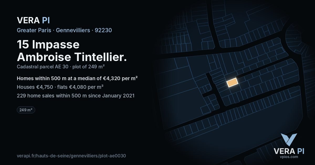 15 Impasse Ambroise Tintellier, Gennevilliers at night – the plot lit, the parcels around coloured by the prices near them