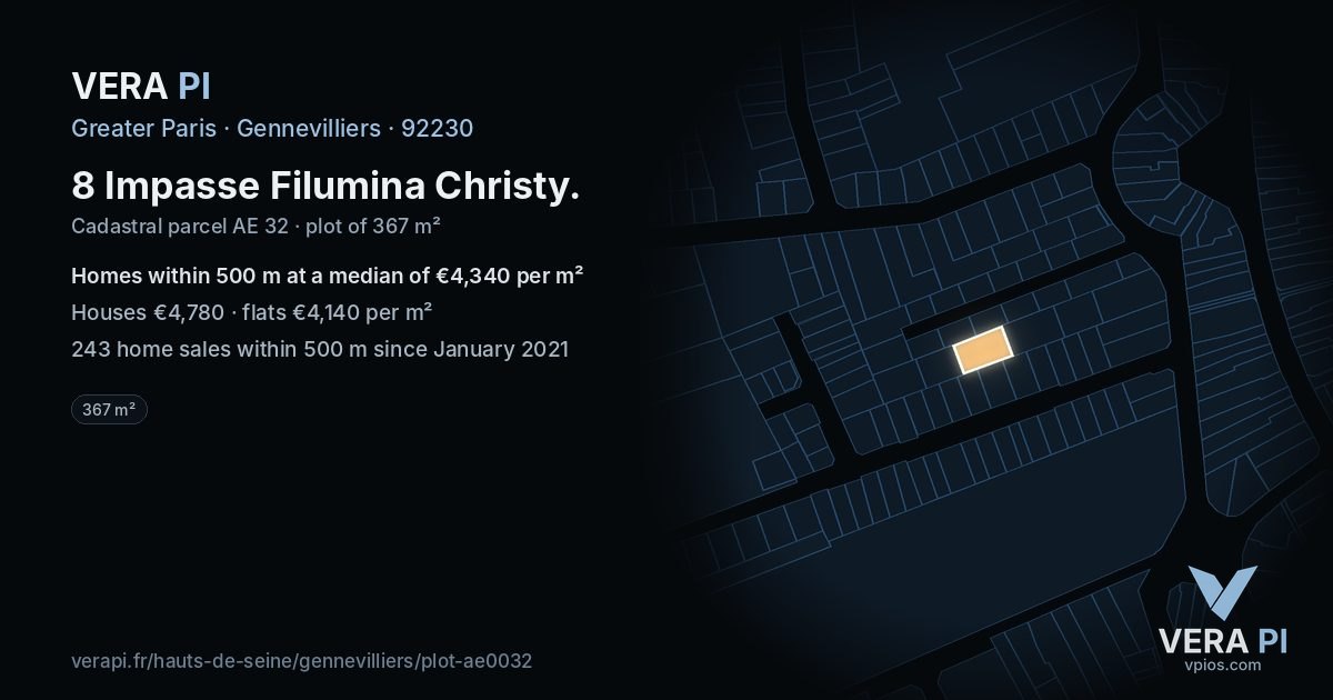 8 Impasse Filumina Christy, Gennevilliers at night – the plot lit, the parcels around coloured by the prices near them