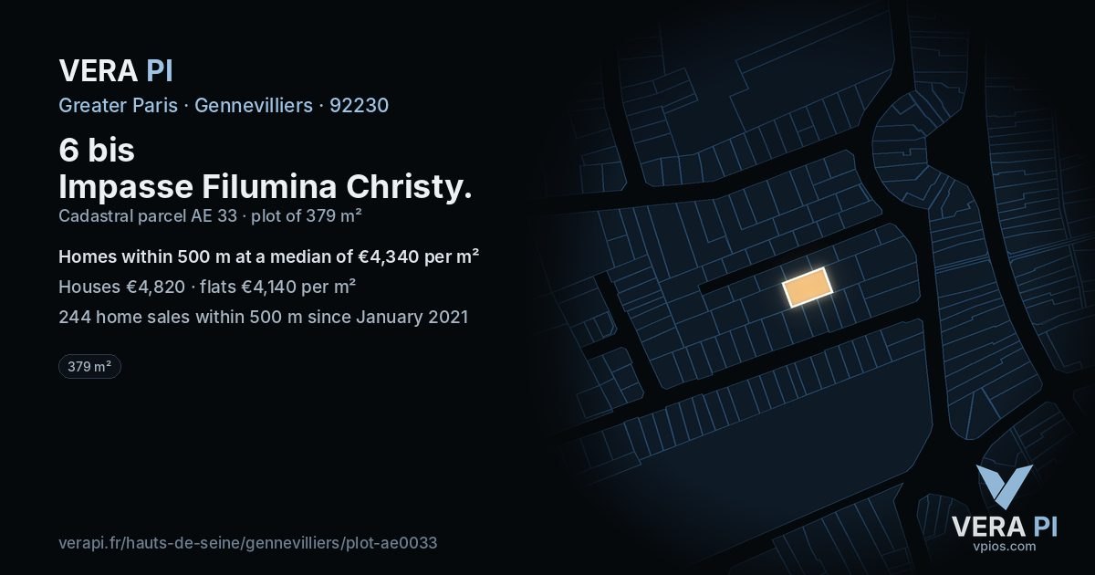 6 bis Impasse Filumina Christy, Gennevilliers at night – the plot lit, the parcels around coloured by the prices near them