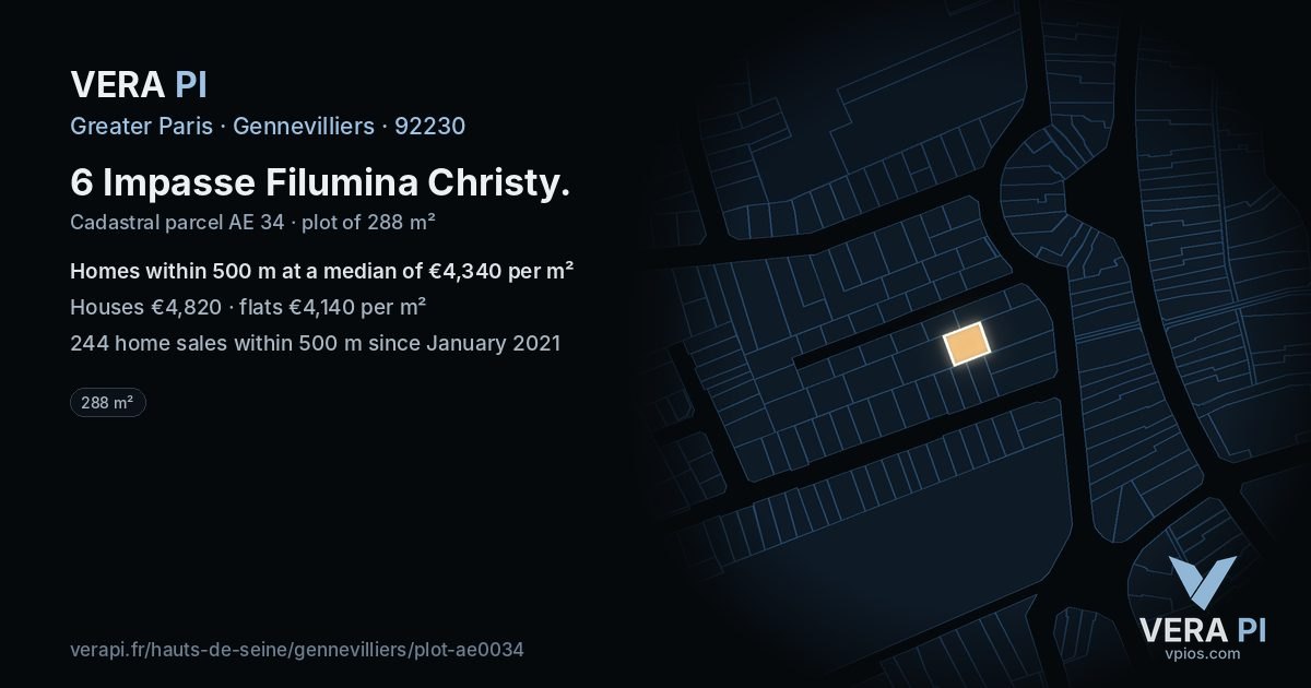 6 Impasse Filumina Christy, Gennevilliers at night – the plot lit, the parcels around coloured by the prices near them