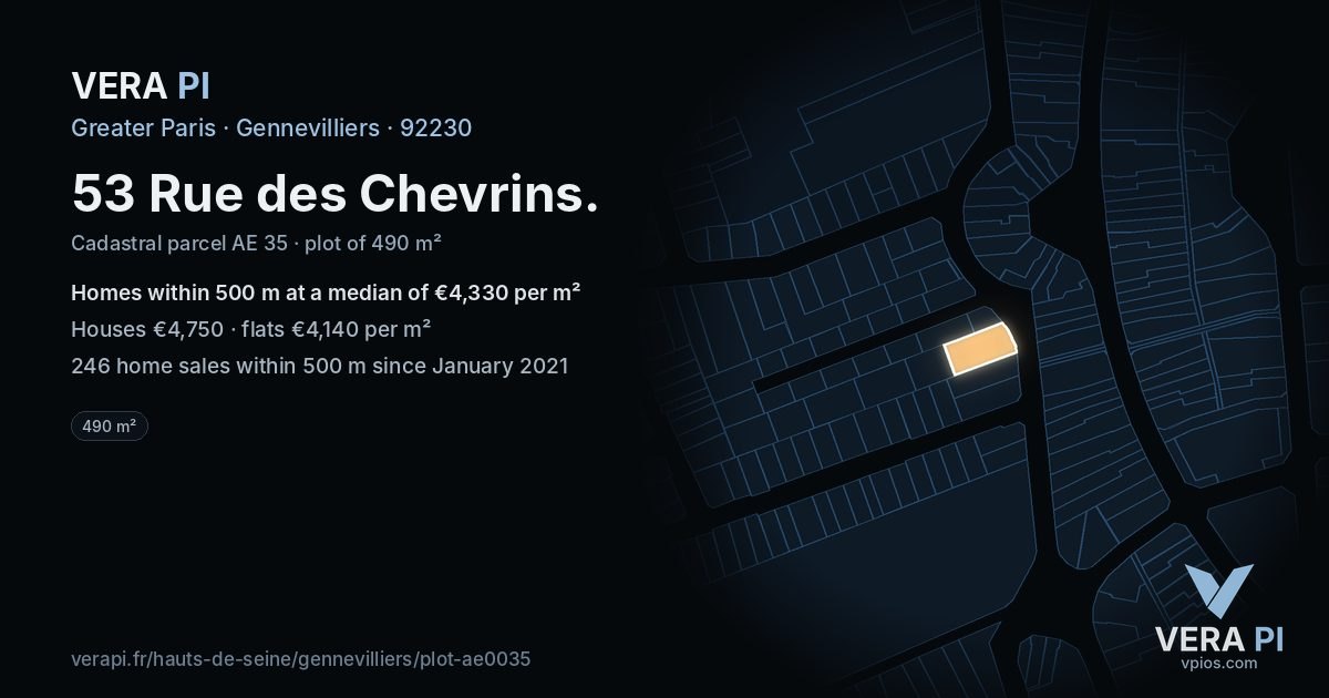 53 Rue des Chevrins, Gennevilliers at night – the plot lit, the parcels around coloured by the prices near them