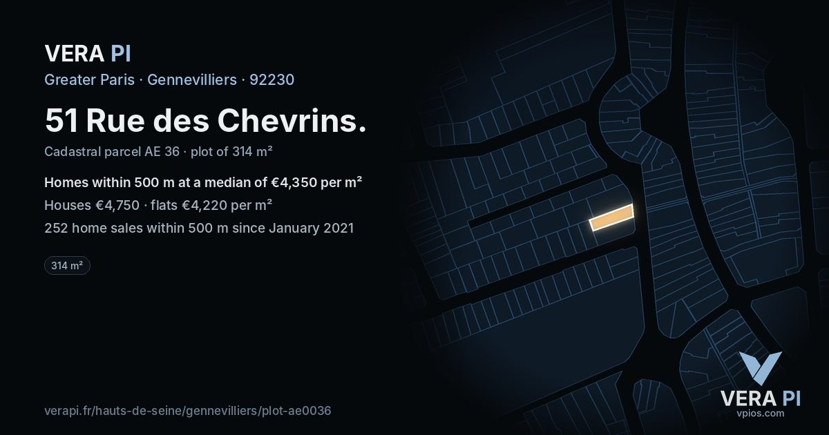 51 Rue des Chevrins, Gennevilliers at night – the plot lit, the parcels around coloured by the prices near them