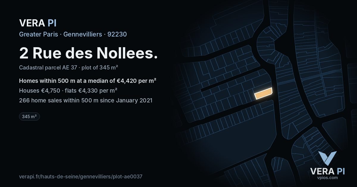 2 Rue des Nollees, Gennevilliers at night – the plot lit, the parcels around coloured by the prices near them