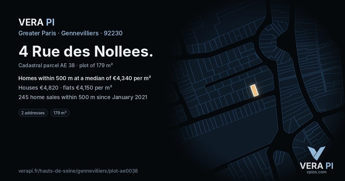 4 Rue des Nollees, Gennevilliers at night – the plot lit, the parcels around coloured by the prices near them