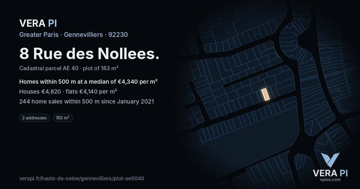 8 Rue des Nollees, Gennevilliers at night – the plot lit, the parcels around coloured by the prices near them