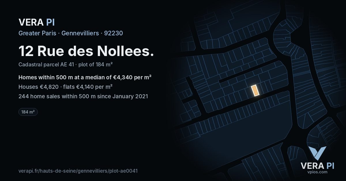 12 Rue des Nollees, Gennevilliers at night – the plot lit, the parcels around coloured by the prices near them