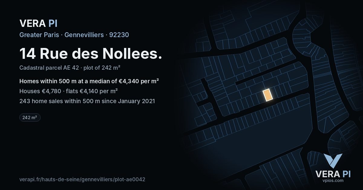 14 Rue des Nollees, Gennevilliers at night – the plot lit, the parcels around coloured by the prices near them