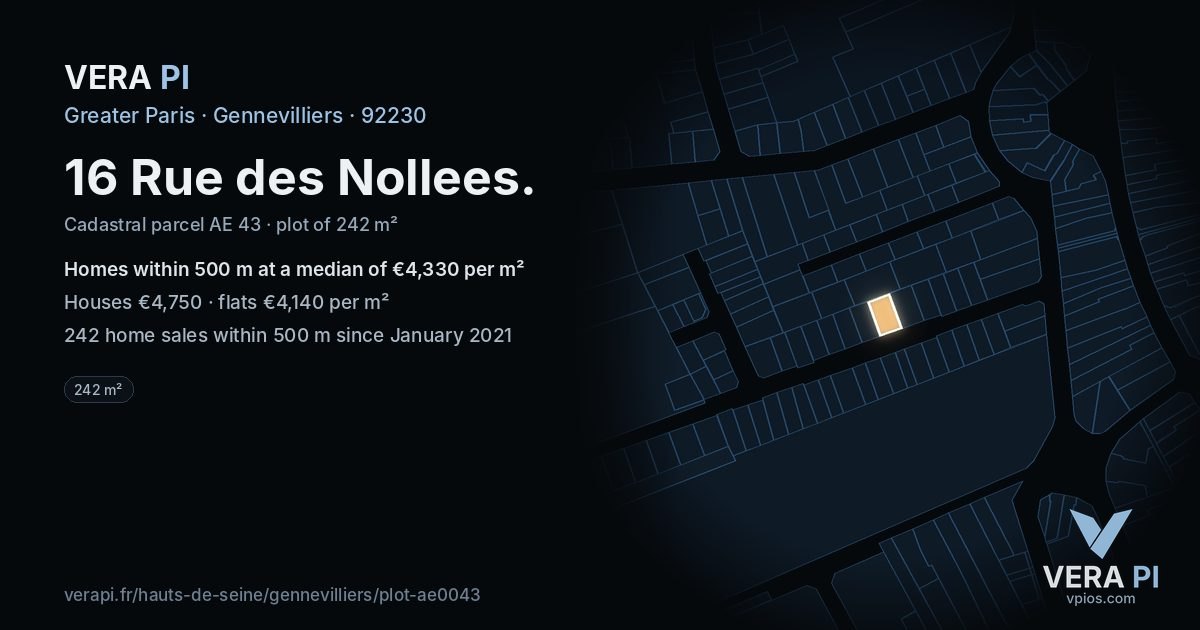 16 Rue des Nollees, Gennevilliers at night – the plot lit, the parcels around coloured by the prices near them