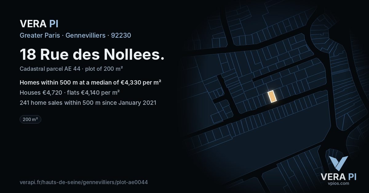 18 Rue des Nollees, Gennevilliers at night – the plot lit, the parcels around coloured by the prices near them