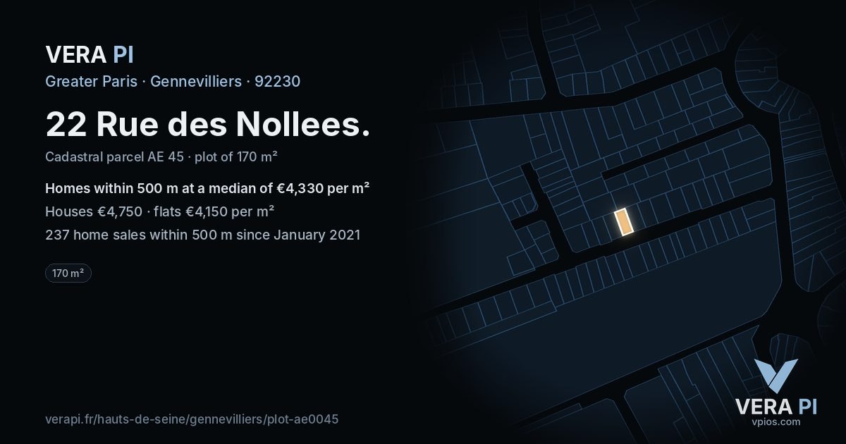 22 Rue des Nollees, Gennevilliers at night – the plot lit, the parcels around coloured by the prices near them