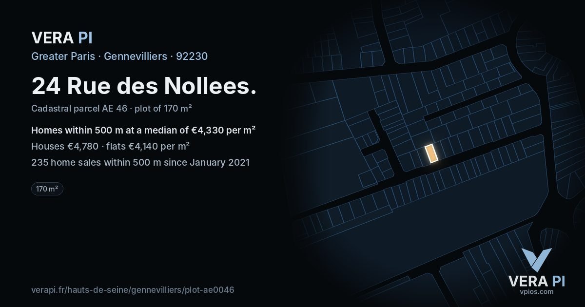 24 Rue des Nollees, Gennevilliers at night – the plot lit, the parcels around coloured by the prices near them