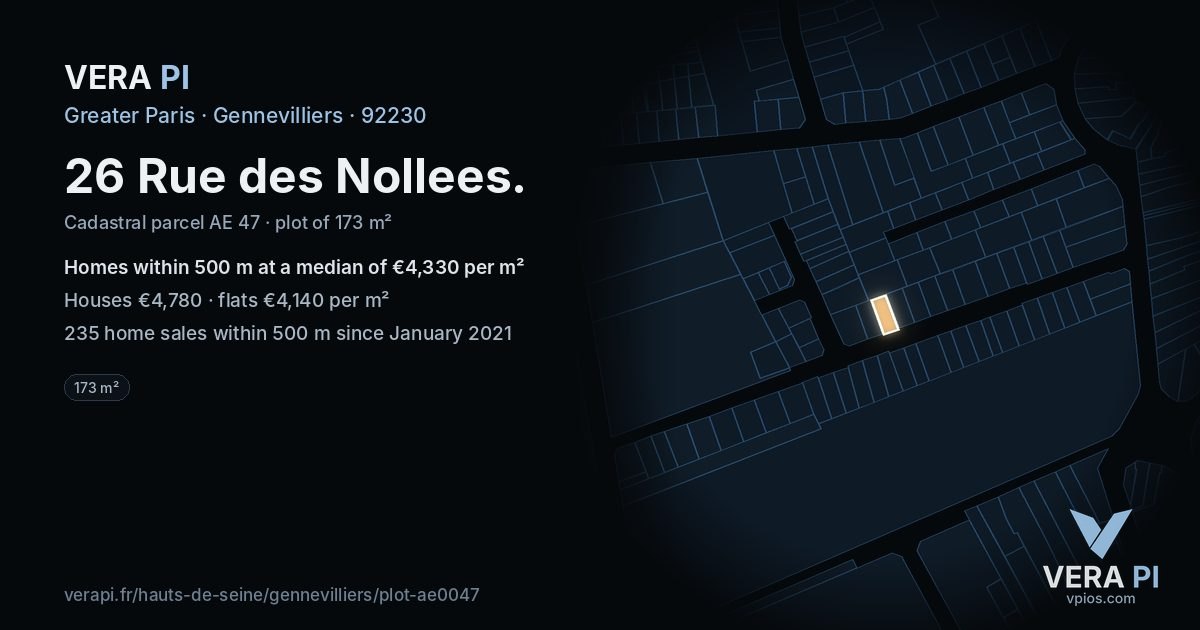26 Rue des Nollees, Gennevilliers at night – the plot lit, the parcels around coloured by the prices near them