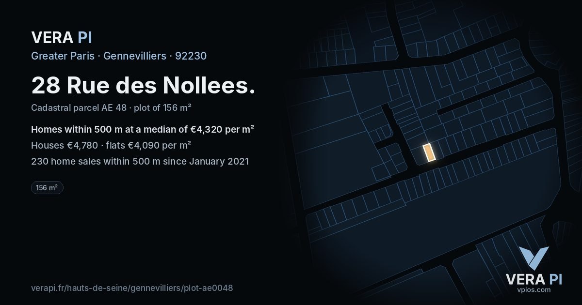 28 Rue des Nollees, Gennevilliers at night – the plot lit, the parcels around coloured by the prices near them