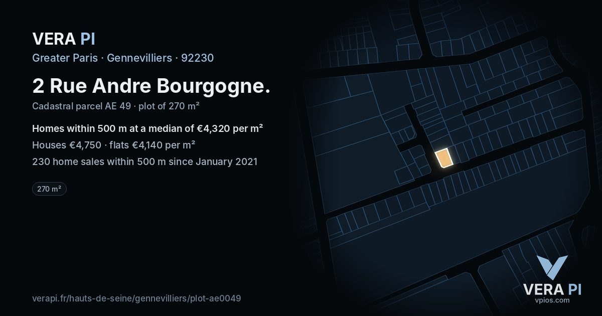 2 Rue Andre Bourgogne, Gennevilliers at night – the plot lit, the parcels around coloured by the prices near them