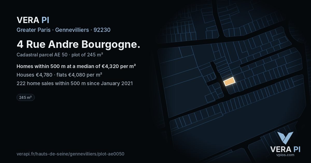 4 Rue Andre Bourgogne, Gennevilliers at night – the plot lit, the parcels around coloured by the prices near them