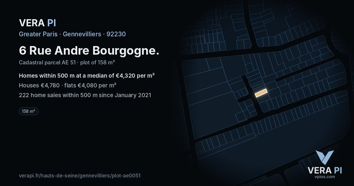6 Rue Andre Bourgogne, Gennevilliers at night – the plot lit, the parcels around coloured by the prices near them