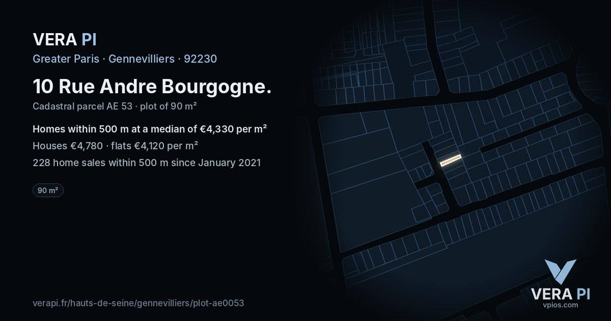 10 Rue Andre Bourgogne, Gennevilliers at night – the plot lit, the parcels around coloured by the prices near them