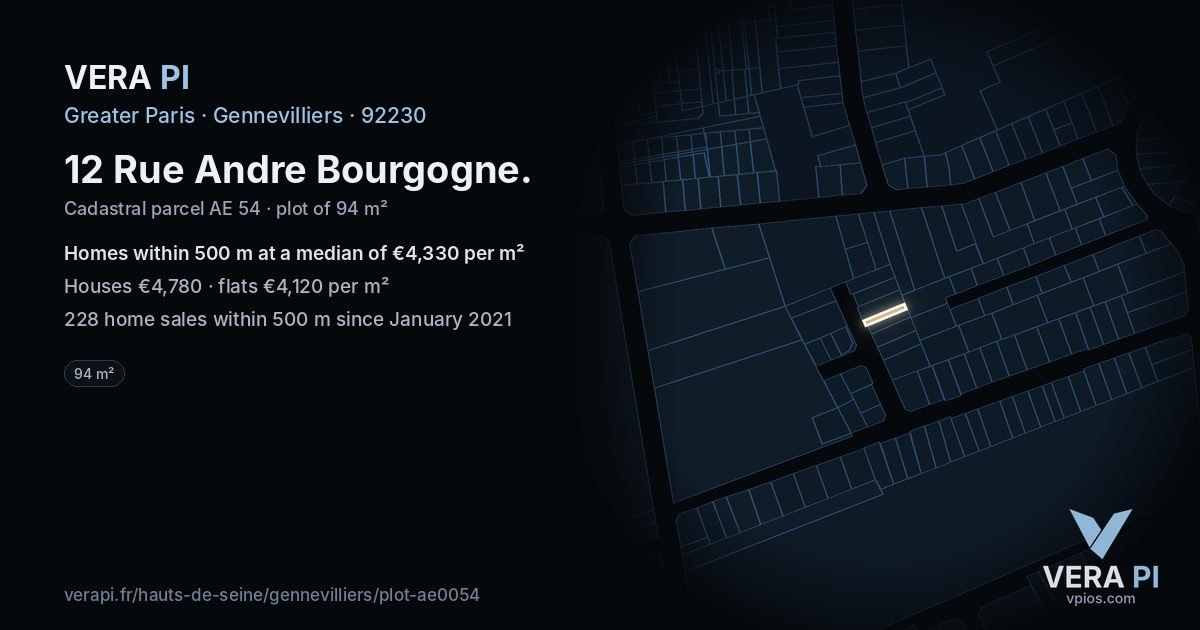 12 Rue Andre Bourgogne, Gennevilliers at night – the plot lit, the parcels around coloured by the prices near them