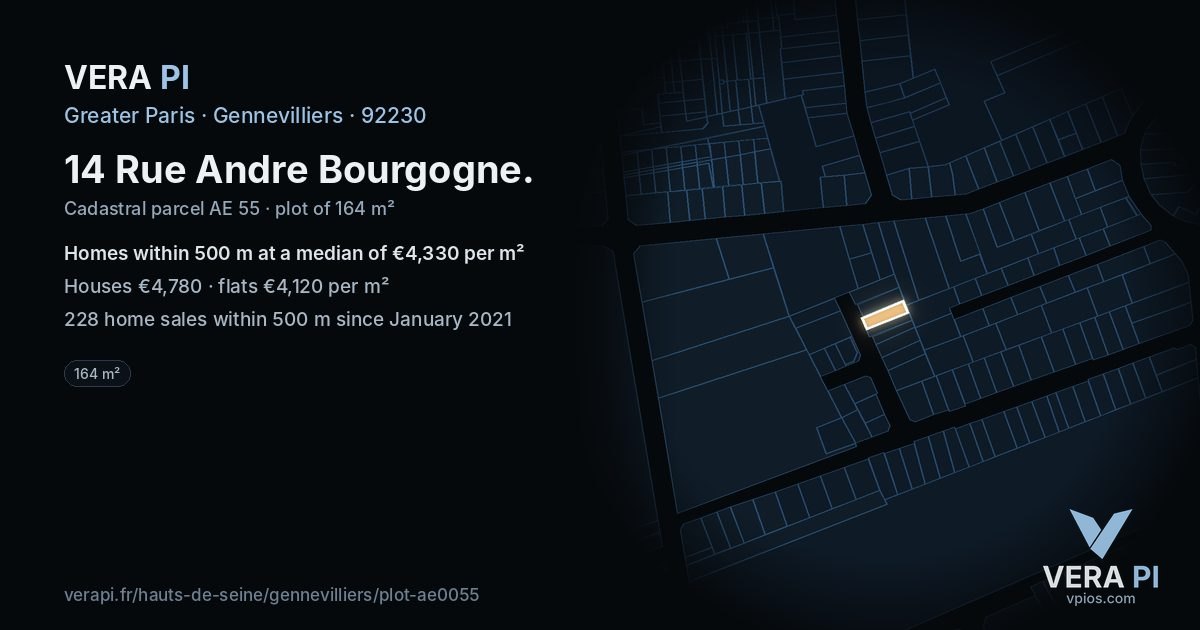 14 Rue Andre Bourgogne, Gennevilliers at night – the plot lit, the parcels around coloured by the prices near them