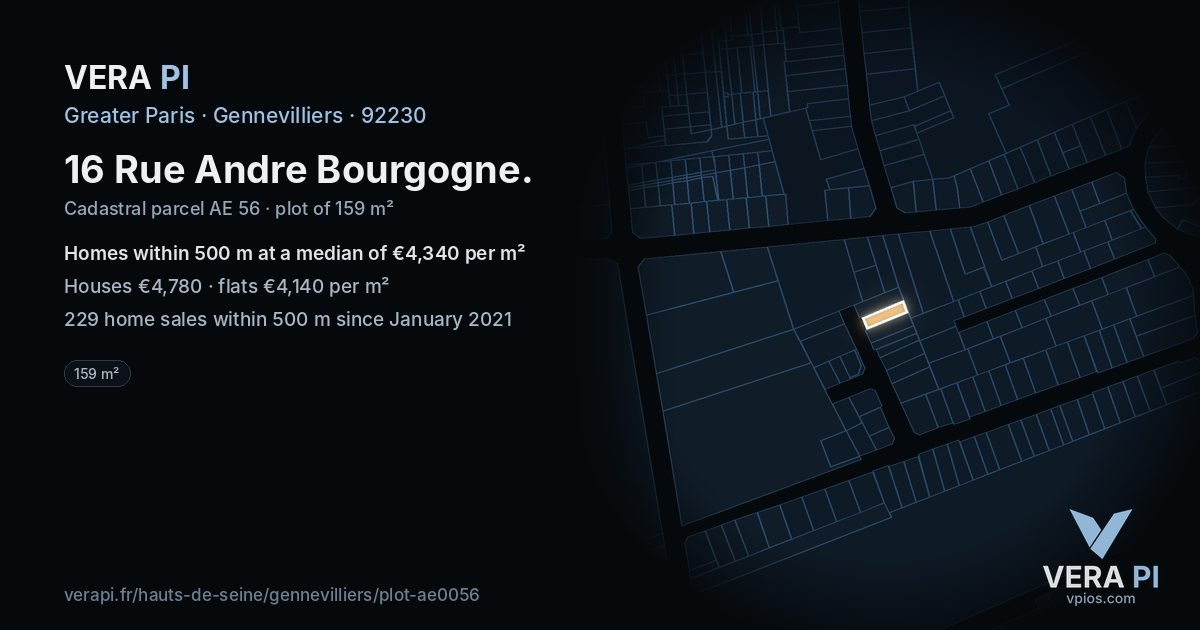 16 Rue Andre Bourgogne, Gennevilliers at night – the plot lit, the parcels around coloured by the prices near them