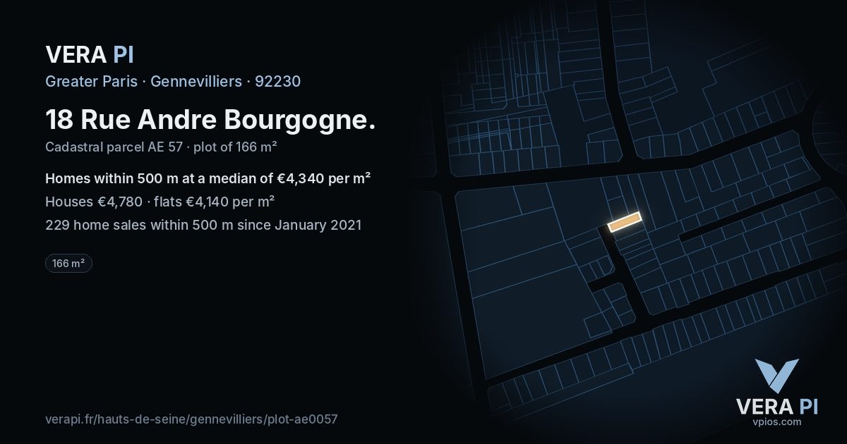 18 Rue Andre Bourgogne, Gennevilliers at night – the plot lit, the parcels around coloured by the prices near them