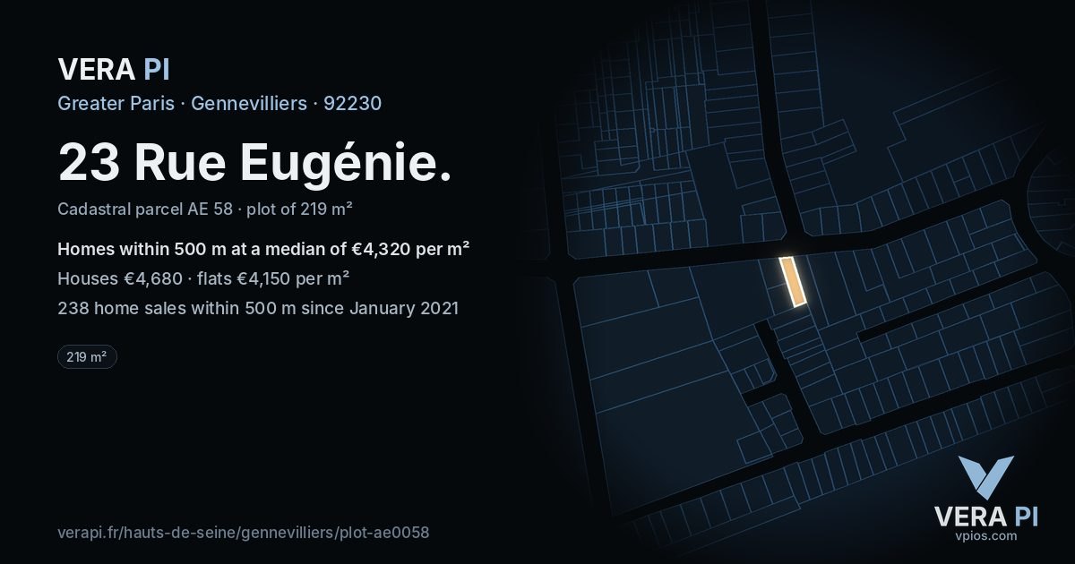 23 Rue Eugénie, Gennevilliers at night – the plot lit, the parcels around coloured by the prices near them