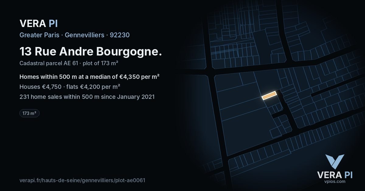 13 Rue Andre Bourgogne, Gennevilliers at night – the plot lit, the parcels around coloured by the prices near them