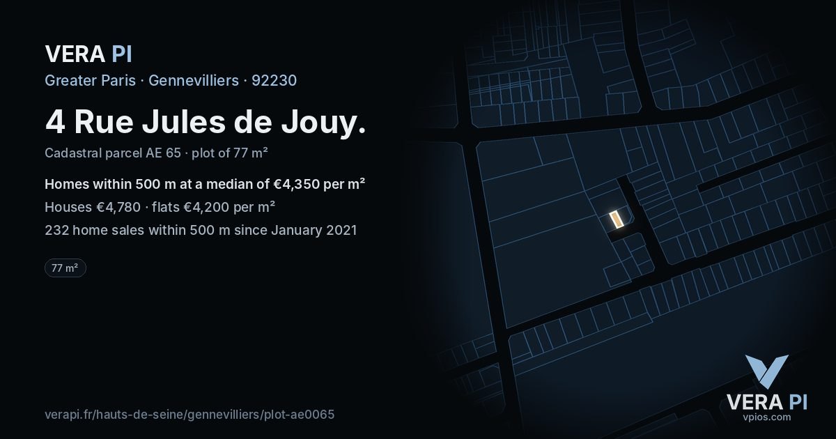 4 Rue Jules de Jouy, Gennevilliers at night – the plot lit, the parcels around coloured by the prices near them