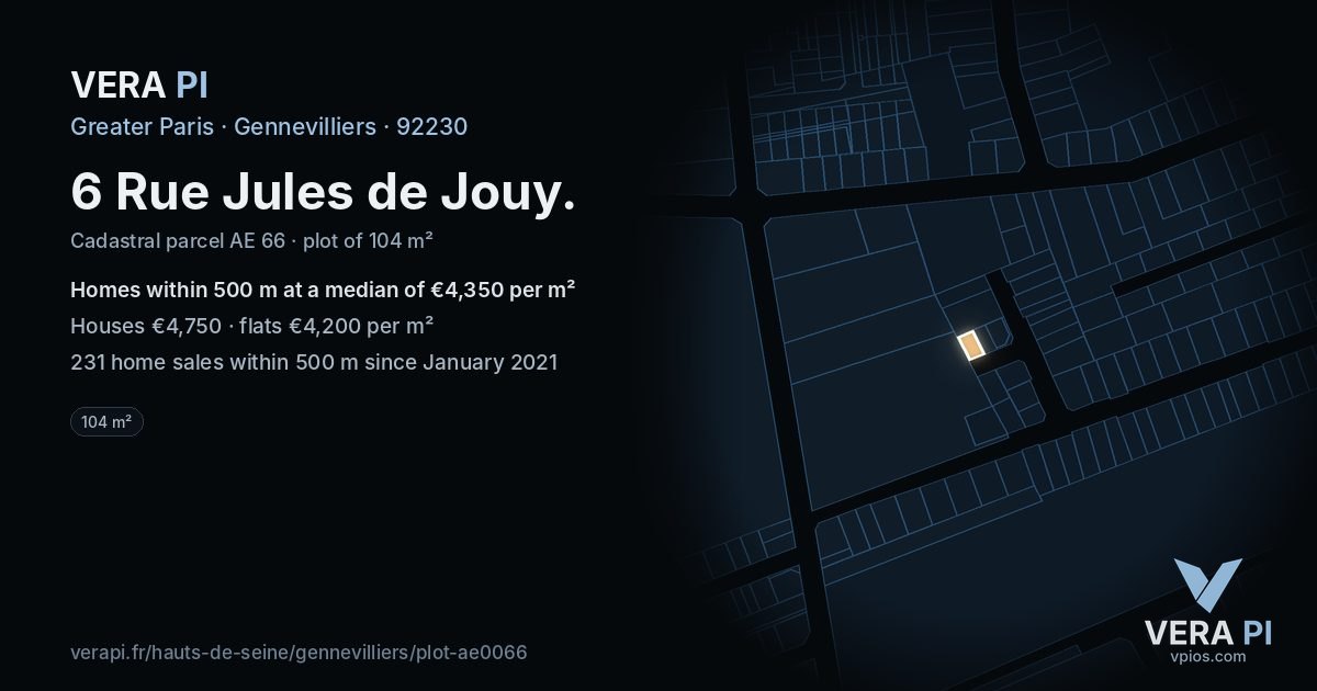 6 Rue Jules de Jouy, Gennevilliers at night – the plot lit, the parcels around coloured by the prices near them
