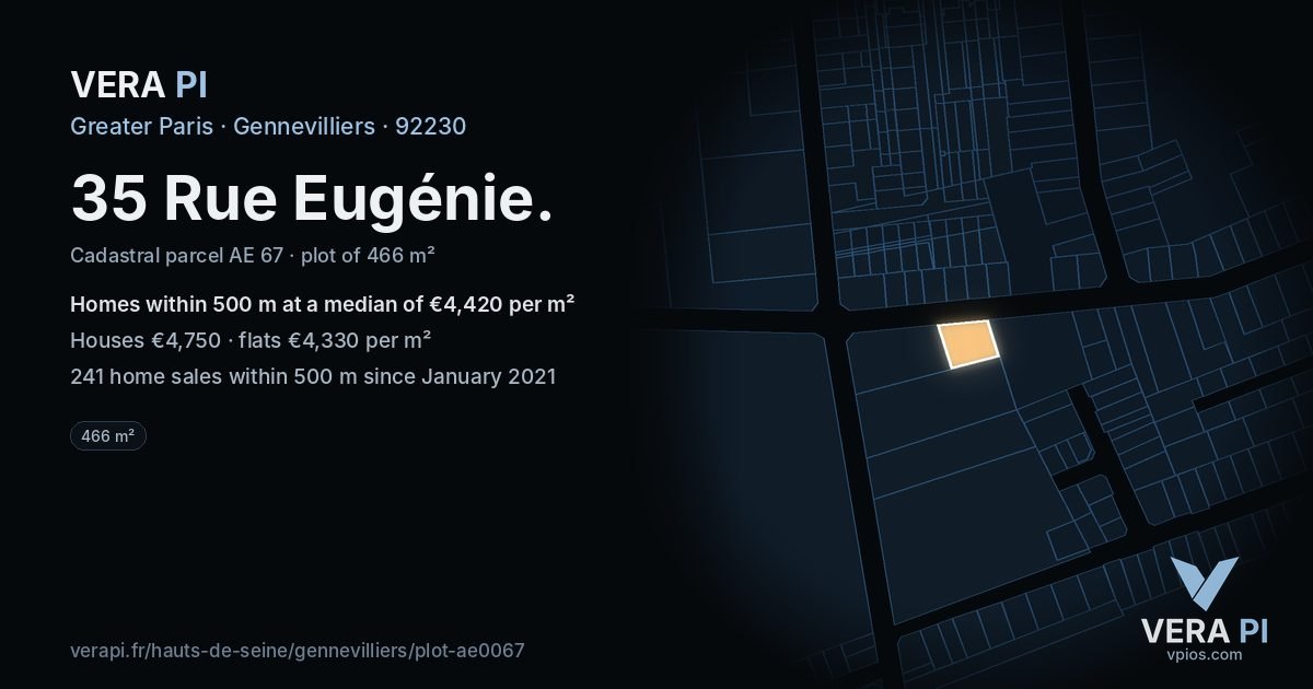 35 Rue Eugénie, Gennevilliers at night – the plot lit, the parcels around coloured by the prices near them