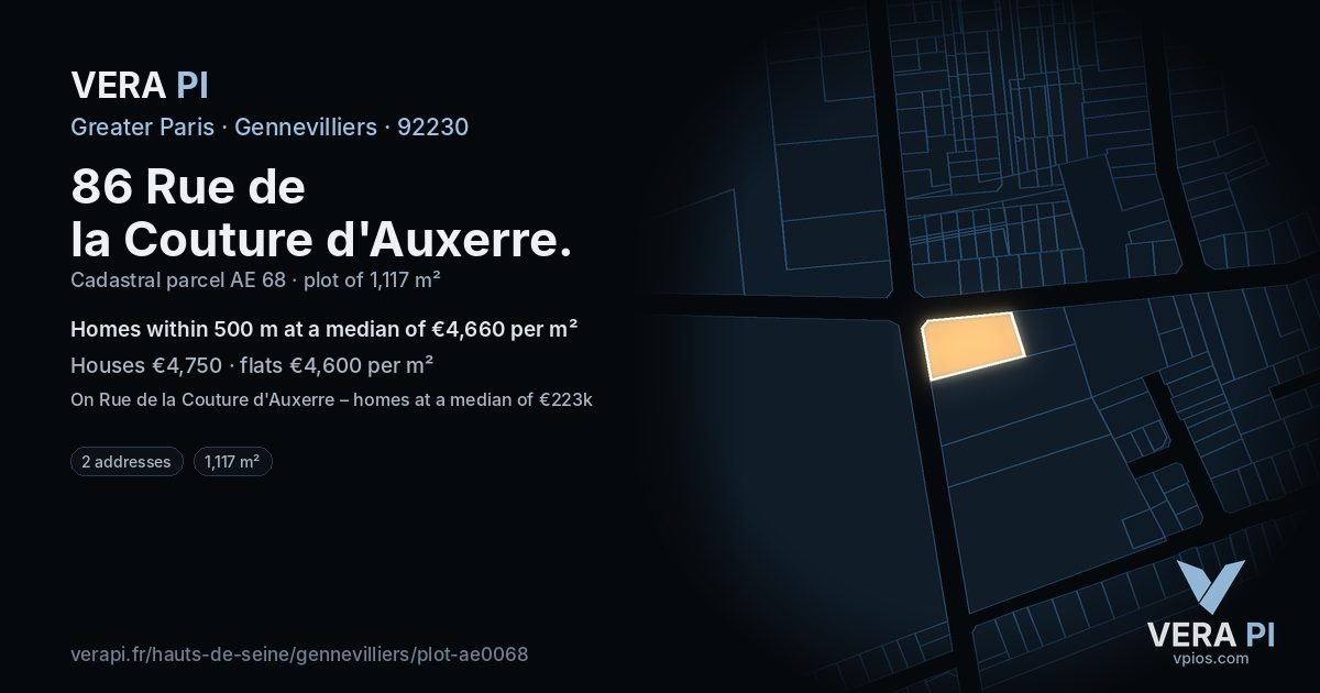 86 Rue de la Couture d'Auxerre, Gennevilliers at night – the plot lit, the parcels around coloured by the prices near them