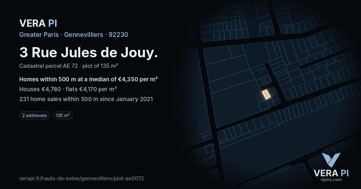 3 Rue Jules de Jouy, Gennevilliers at night – the plot lit, the parcels around coloured by the prices near them
