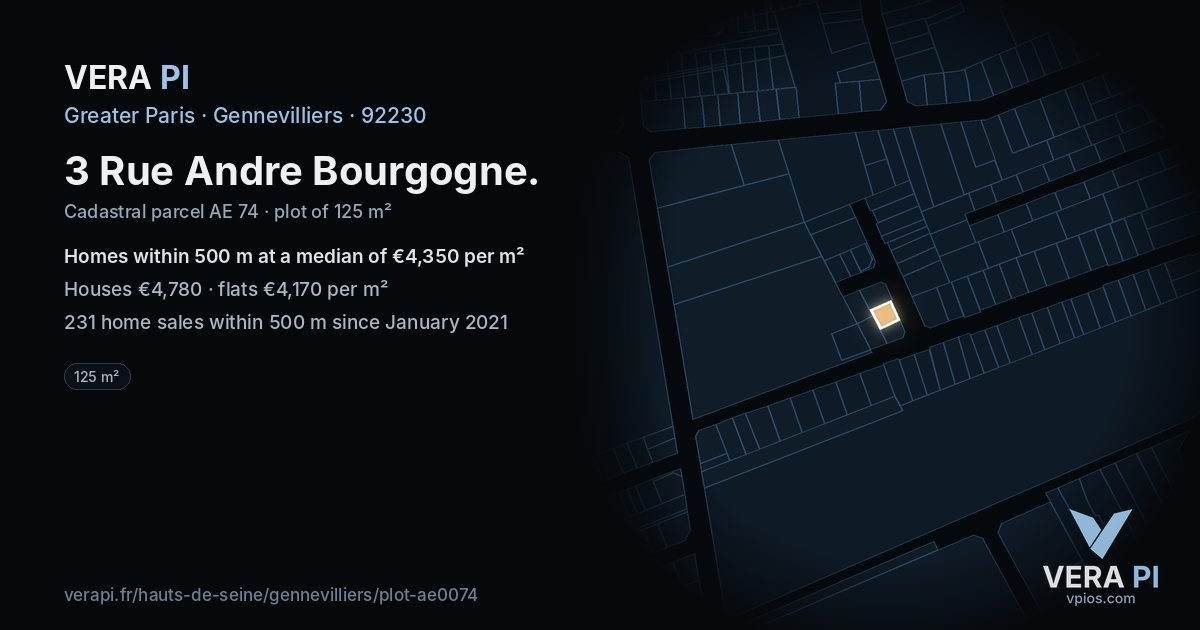 3 Rue Andre Bourgogne, Gennevilliers at night – the plot lit, the parcels around coloured by the prices near them