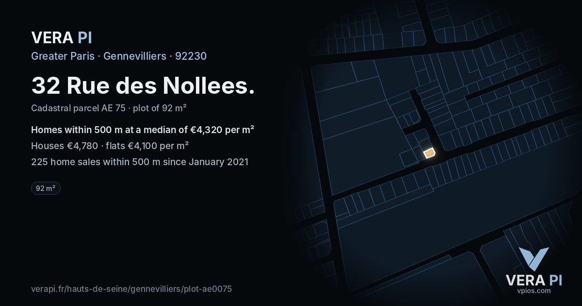 32 Rue des Nollees, Gennevilliers at night – the plot lit, the parcels around coloured by the prices near them