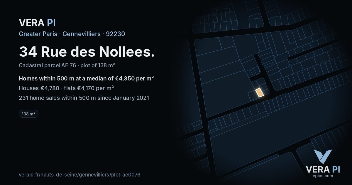 34 Rue des Nollees, Gennevilliers at night – the plot lit, the parcels around coloured by the prices near them