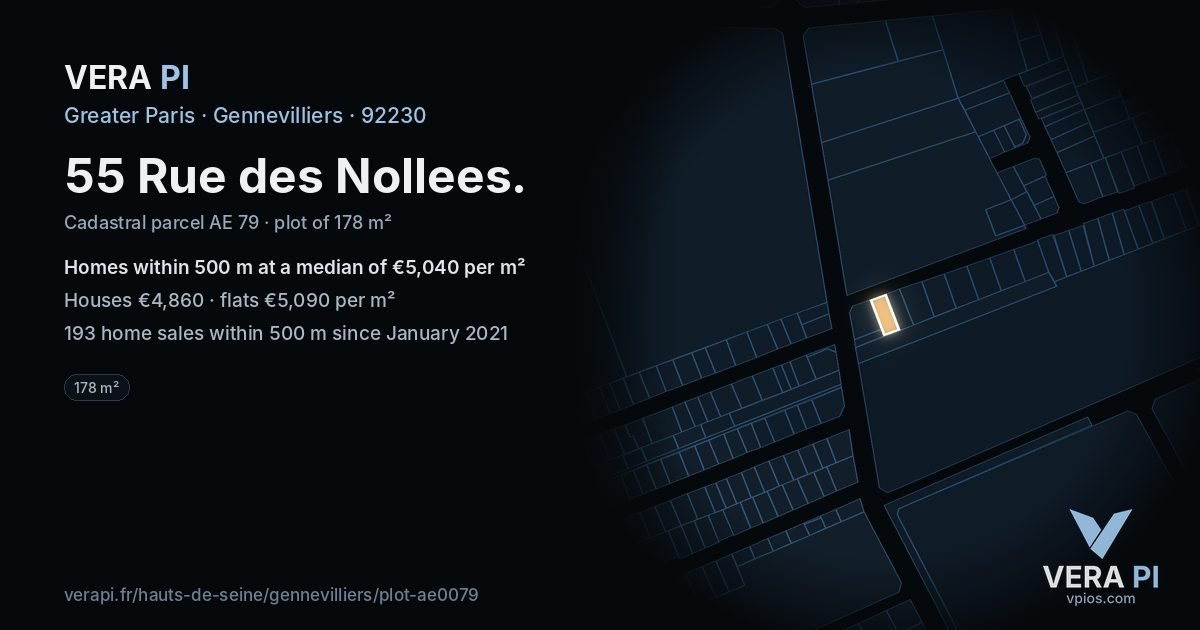 55 Rue des Nollees, Gennevilliers at night – the plot lit, the parcels around coloured by the prices near them
