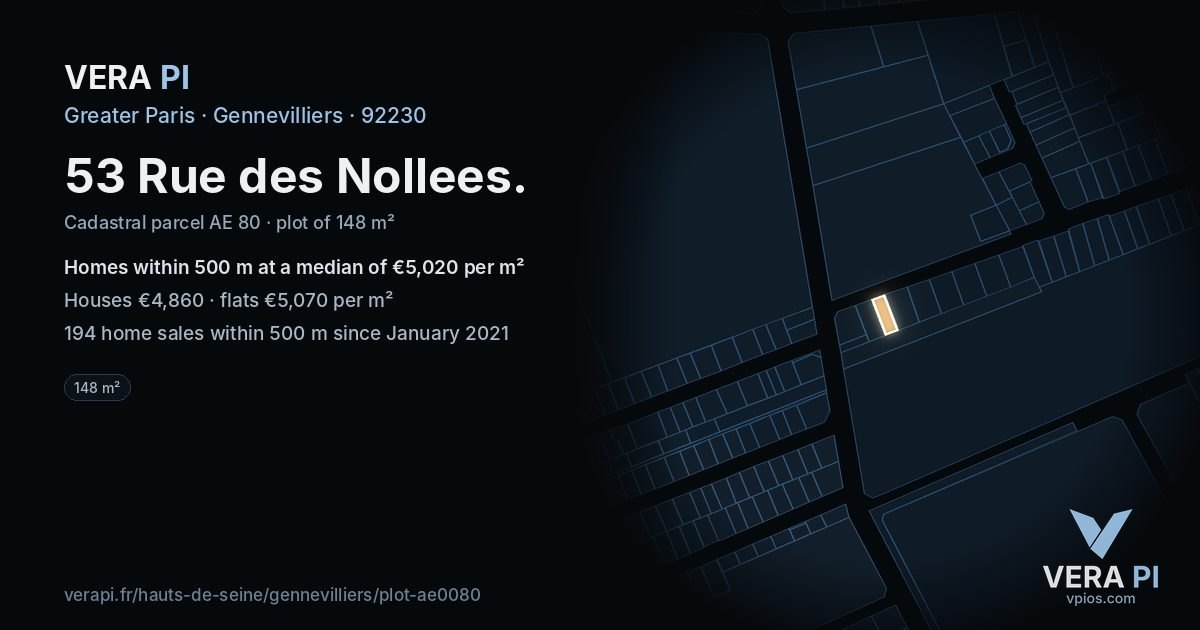 53 Rue des Nollees, Gennevilliers at night – the plot lit, the parcels around coloured by the prices near them