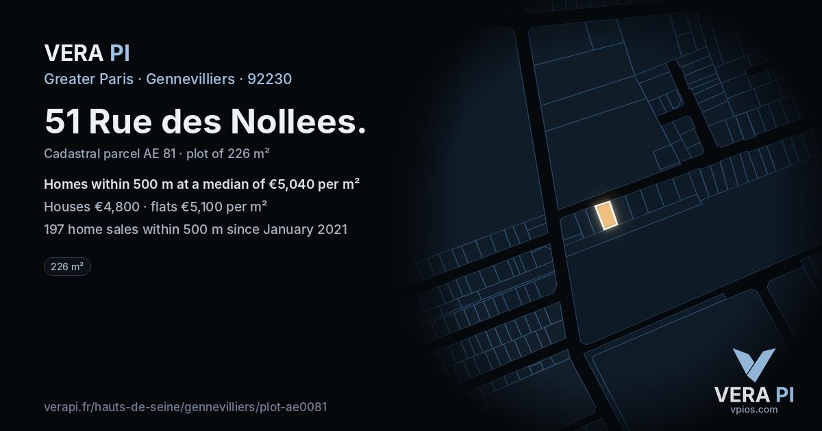 51 Rue des Nollees, Gennevilliers at night – the plot lit, the parcels around coloured by the prices near them