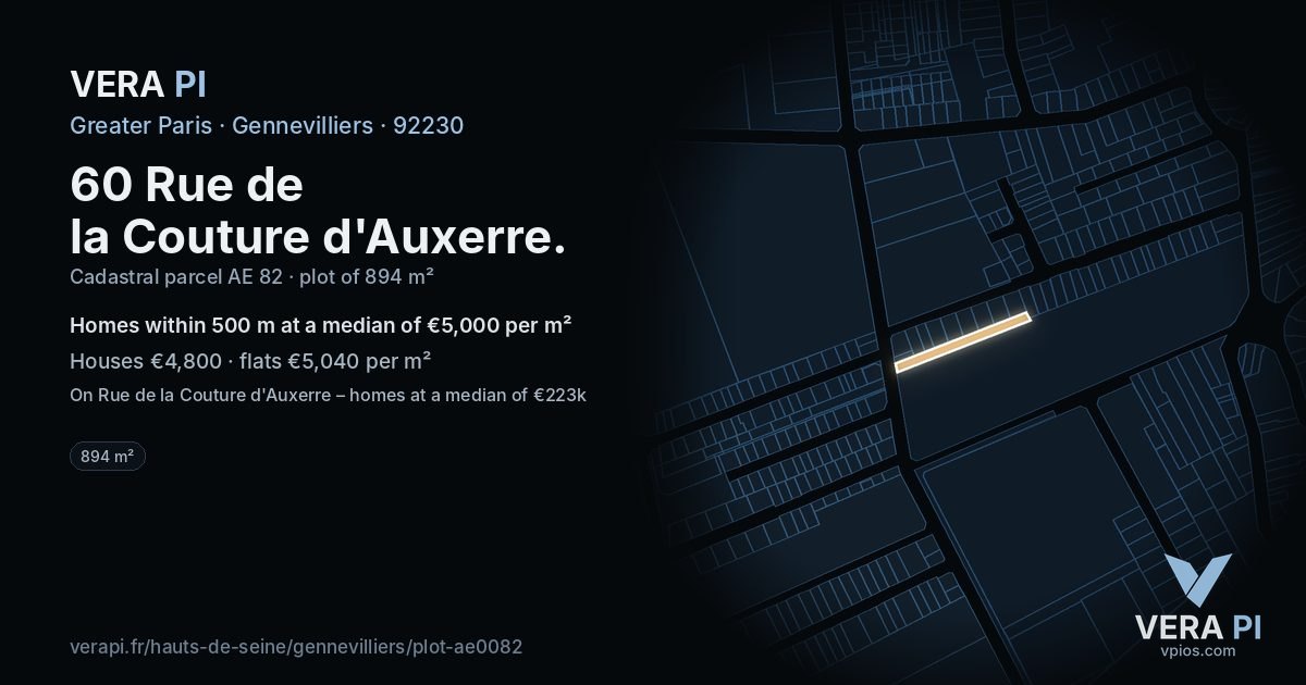 60 Rue de la Couture d'Auxerre, Gennevilliers at night – the plot lit, the parcels around coloured by the prices near them