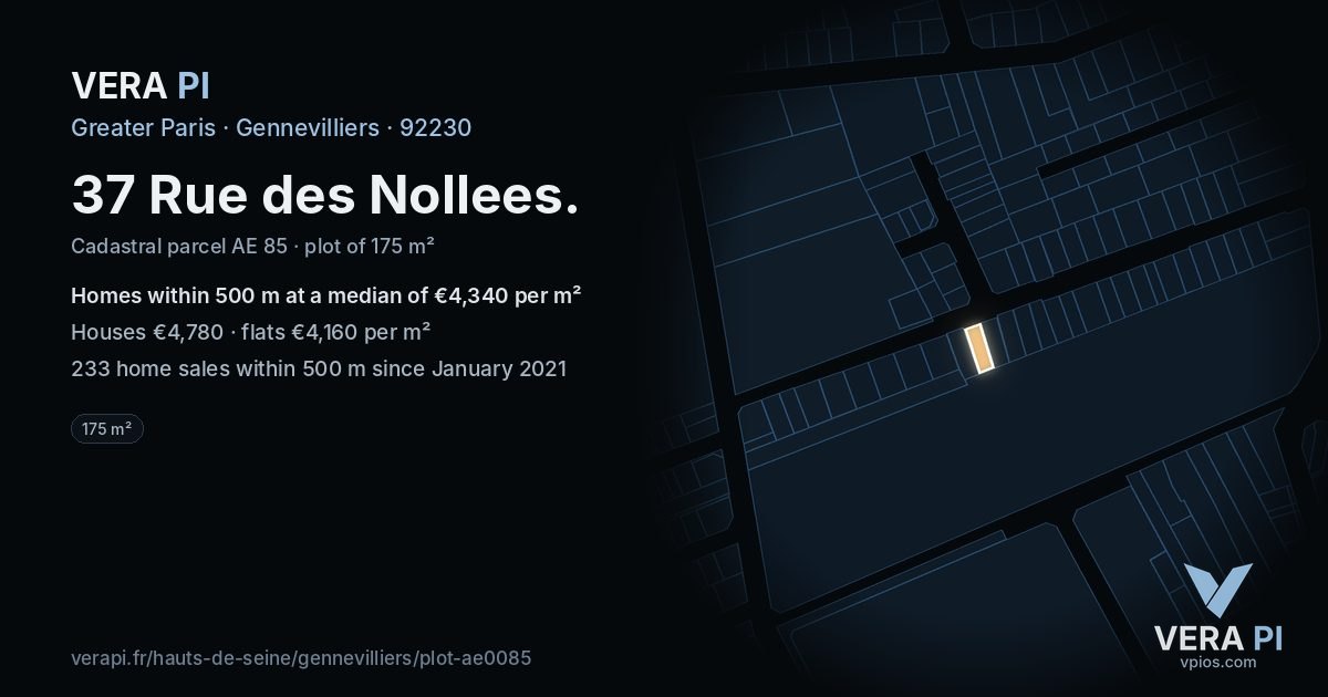 37 Rue des Nollees, Gennevilliers at night – the plot lit, the parcels around coloured by the prices near them