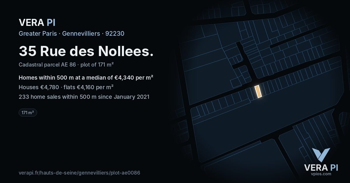 35 Rue des Nollees, Gennevilliers at night – the plot lit, the parcels around coloured by the prices near them