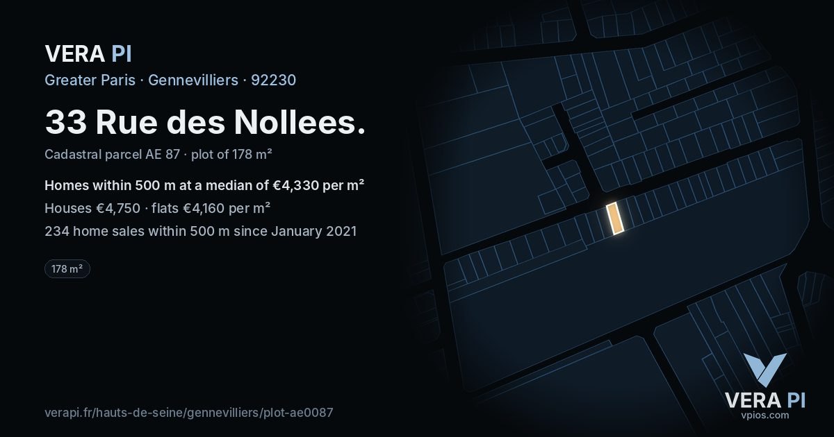 33 Rue des Nollees, Gennevilliers at night – the plot lit, the parcels around coloured by the prices near them