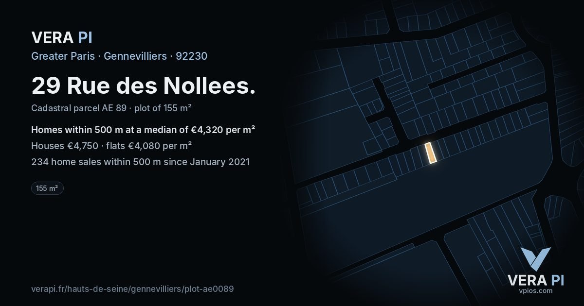 29 Rue des Nollees, Gennevilliers at night – the plot lit, the parcels around coloured by the prices near them