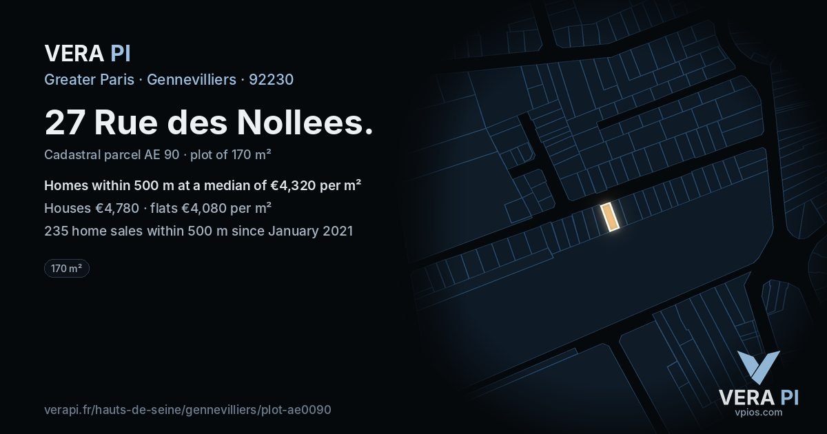 27 Rue des Nollees, Gennevilliers at night – the plot lit, the parcels around coloured by the prices near them
