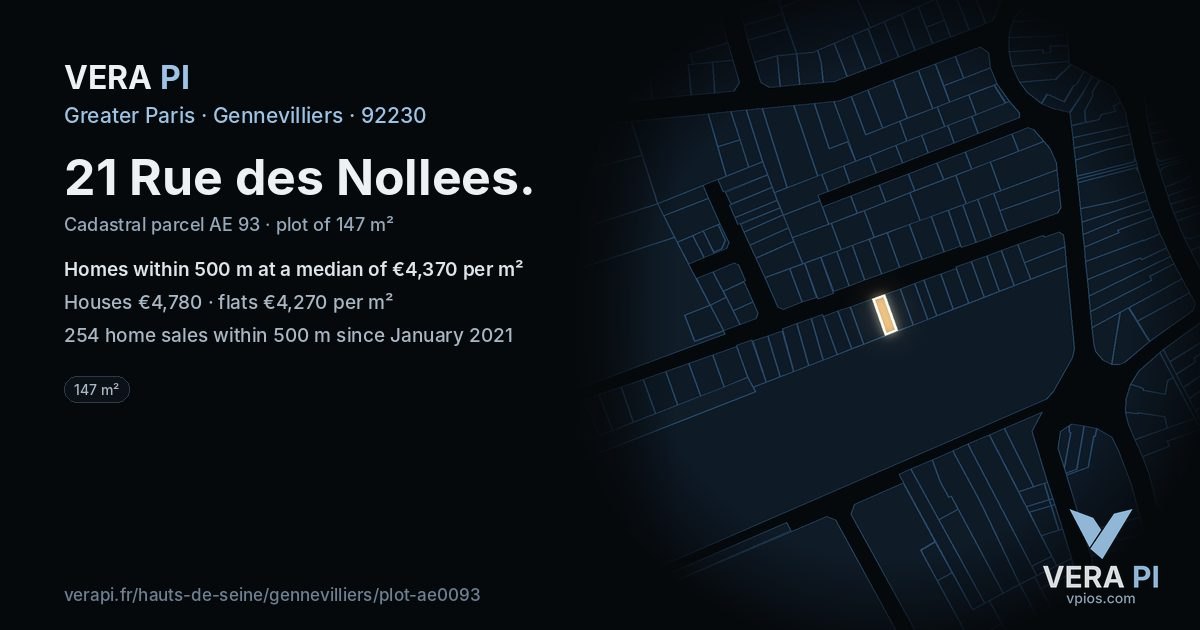 21 Rue des Nollees, Gennevilliers at night – the plot lit, the parcels around coloured by the prices near them