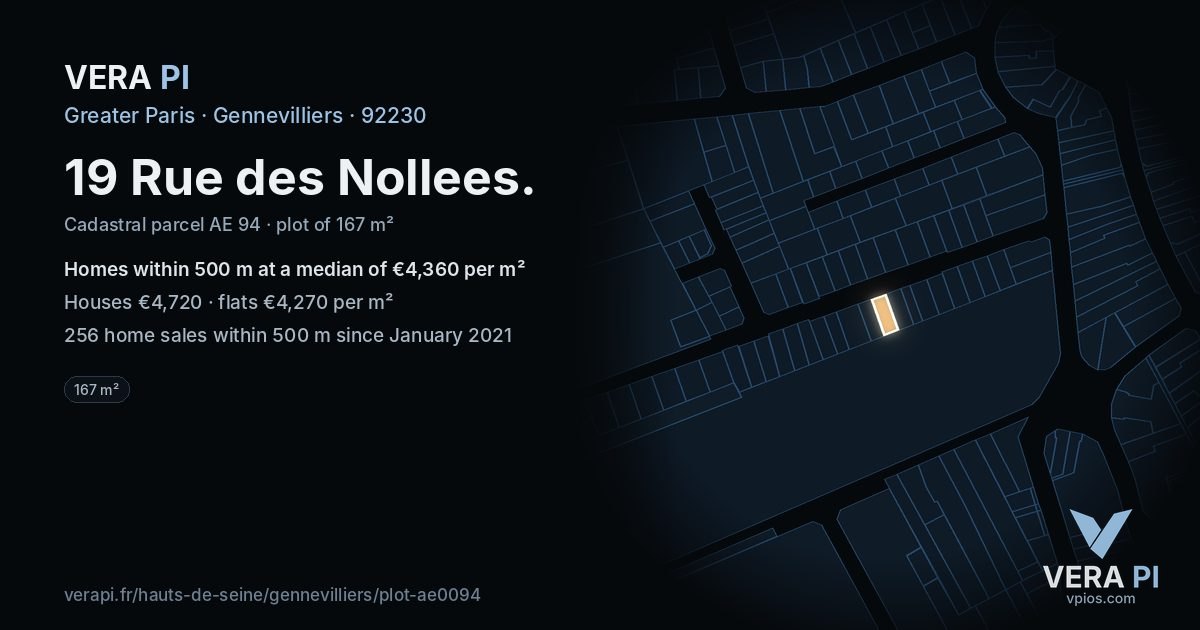 19 Rue des Nollees, Gennevilliers at night – the plot lit, the parcels around coloured by the prices near them